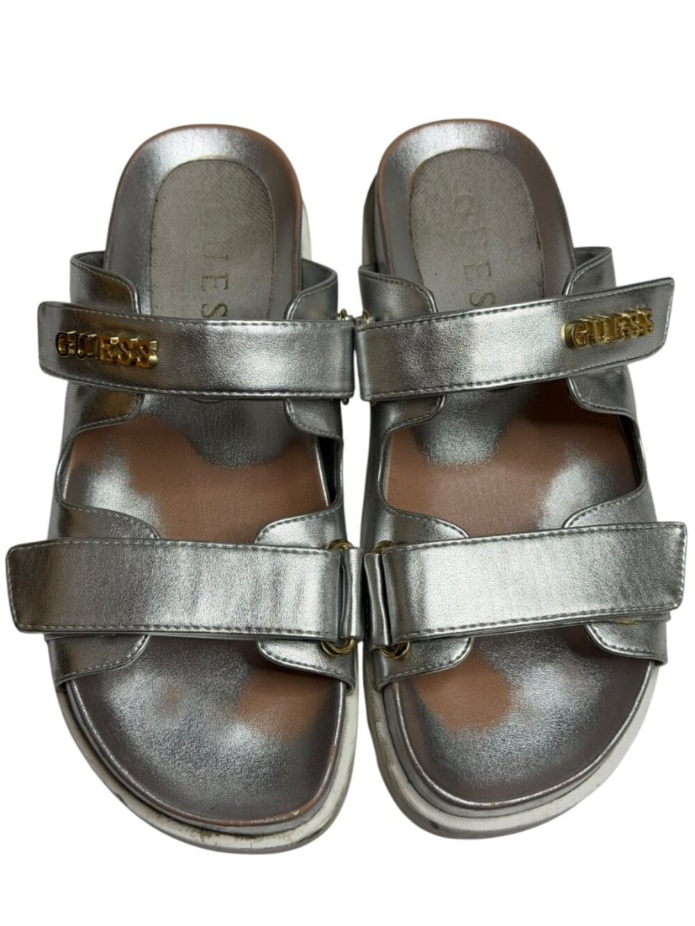 Guess Fabulon Sandals Shoes Faux Leather Slip On Women Metallic Silver 8.5 - Picture 3 of 12